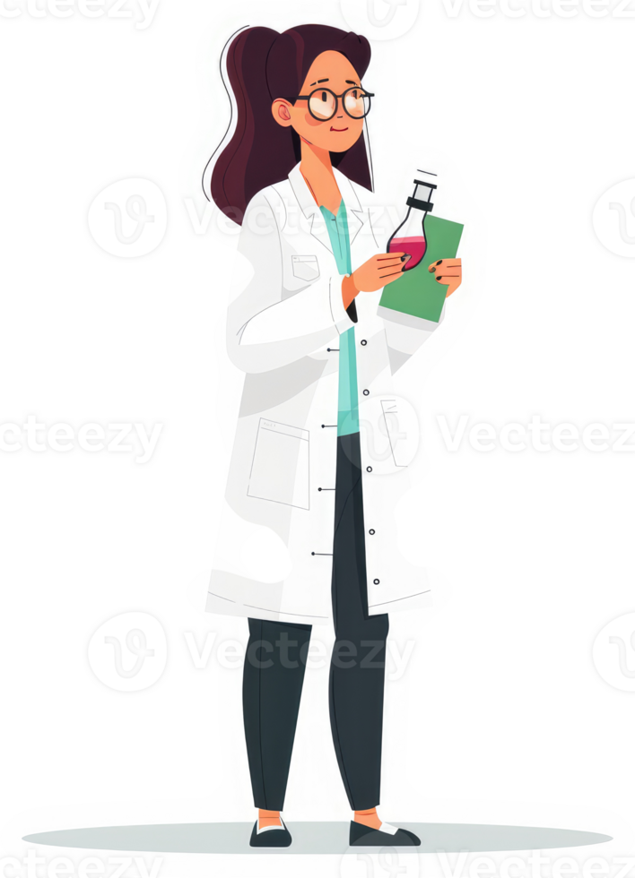 A female scientist in a lab coat examining a flask. png