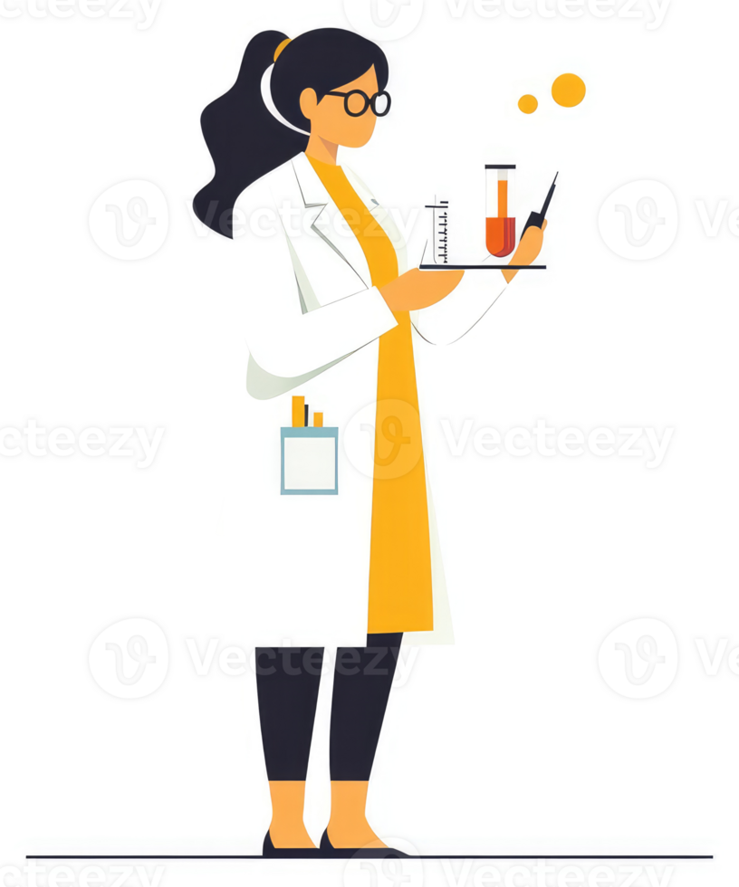 A female scientist in a lab coat examines laboratory equipment. png
