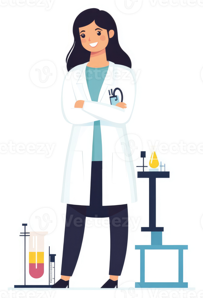 A confident female scientist stands ready in a laboratory setting. png