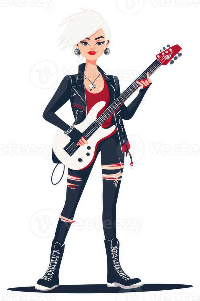 A stylish rocker girl with a white bass guitar. png