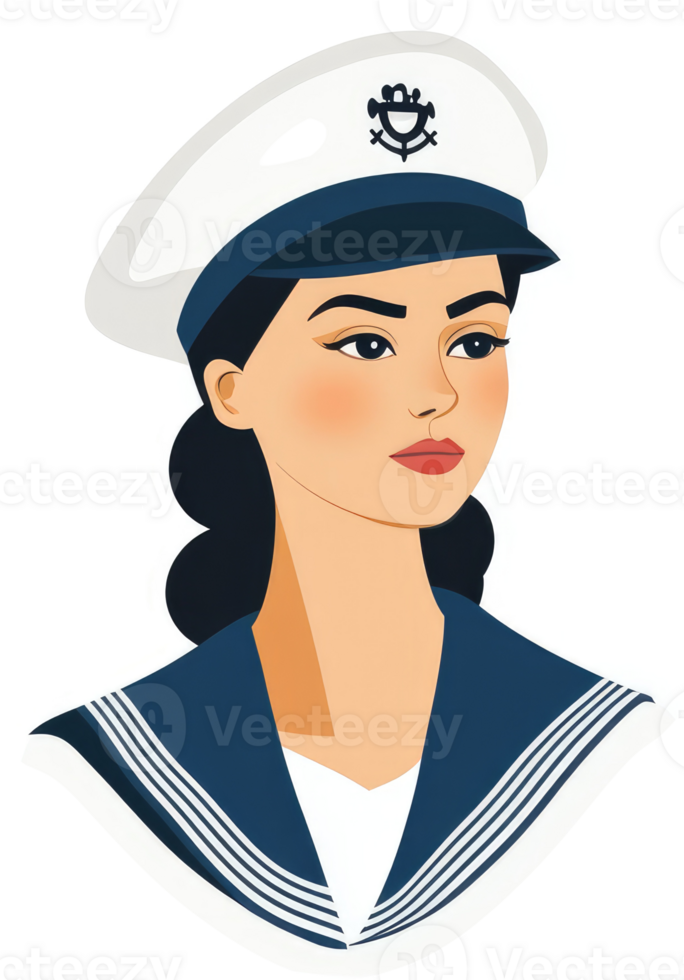 A woman in a navy sailor's uniform, profile view. png