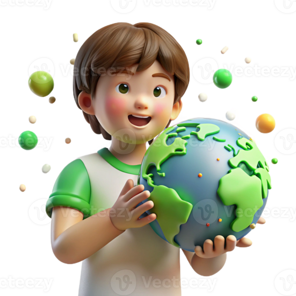 stunning classic Child Holding Globe with Bright Green Continents Isolated authentic png