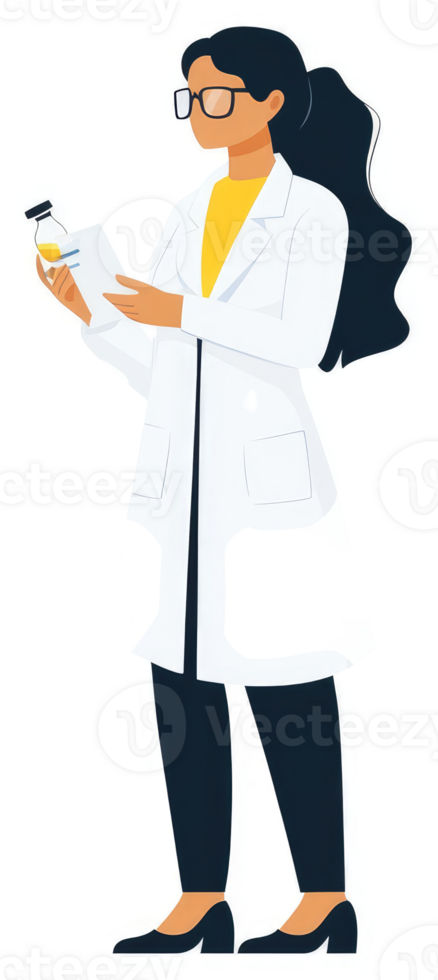 A female scientist examines a sample in a white lab coat. png
