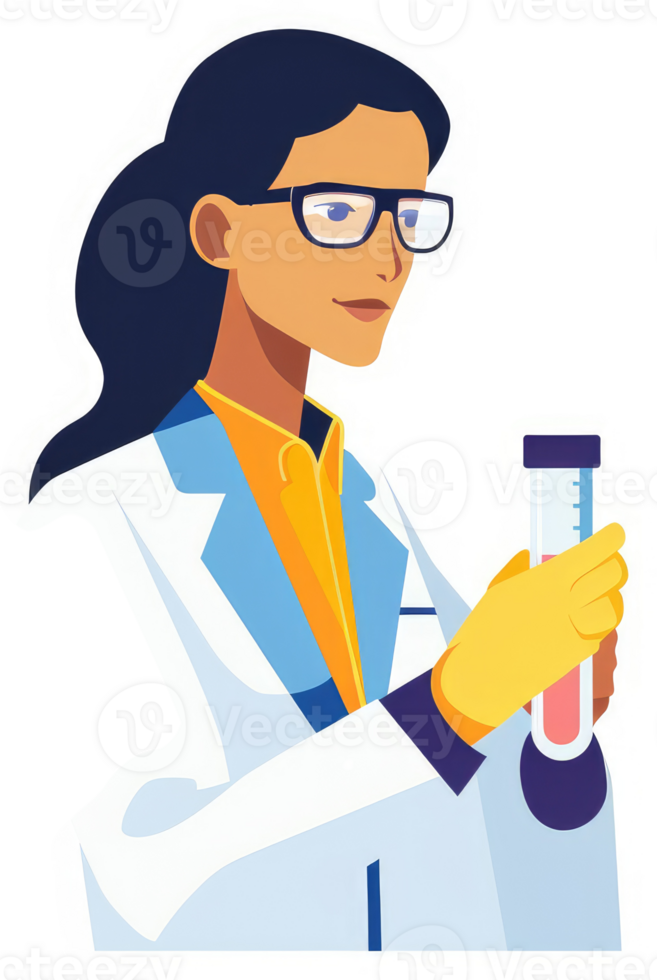A female scientist in a lab coat holding a test tube. png
