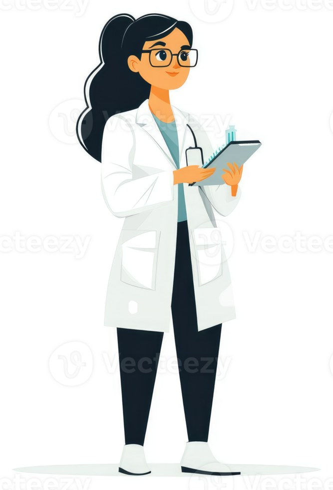 A female doctor in a white coat, holding a clipboard, diligently taking notes. png
