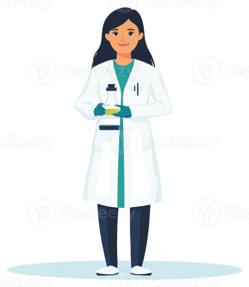 A female scientist in a lab coat holding a flask. png