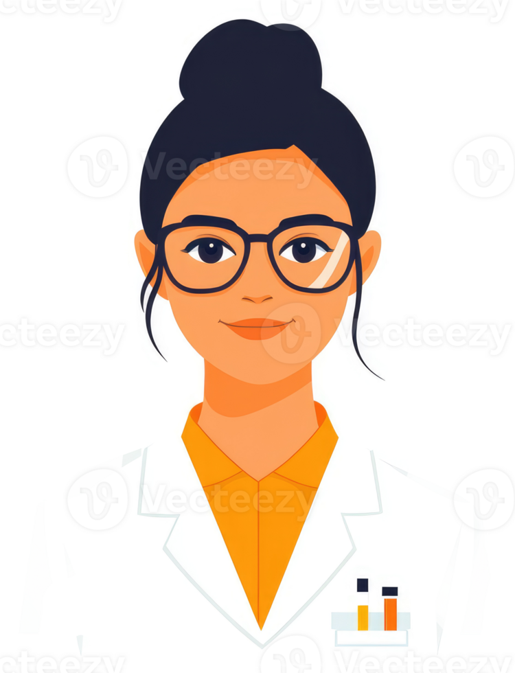 A female doctor in a white lab coat with glasses and a bun. png