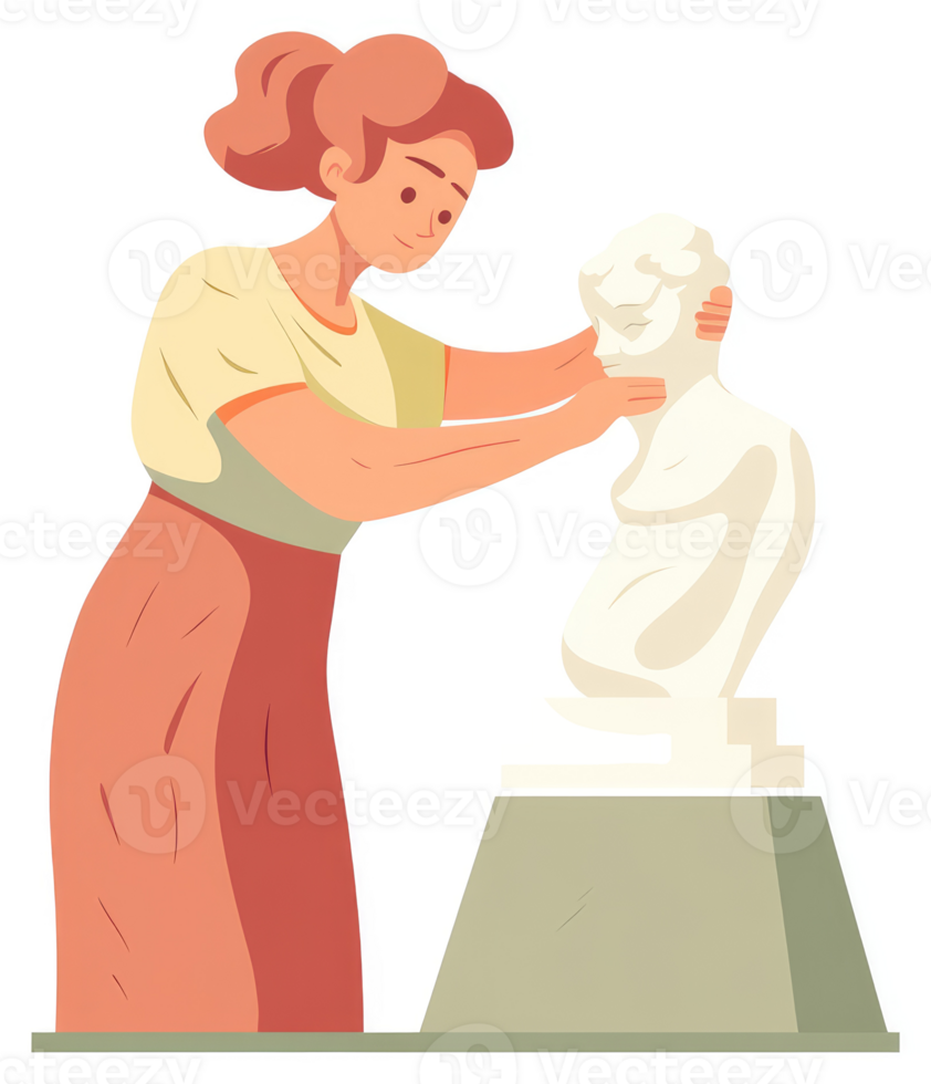 A woman meticulously examines a sculpted bust. png
