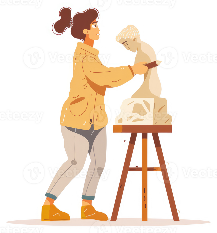 A young sculptor meticulously shapes a clay bust. png