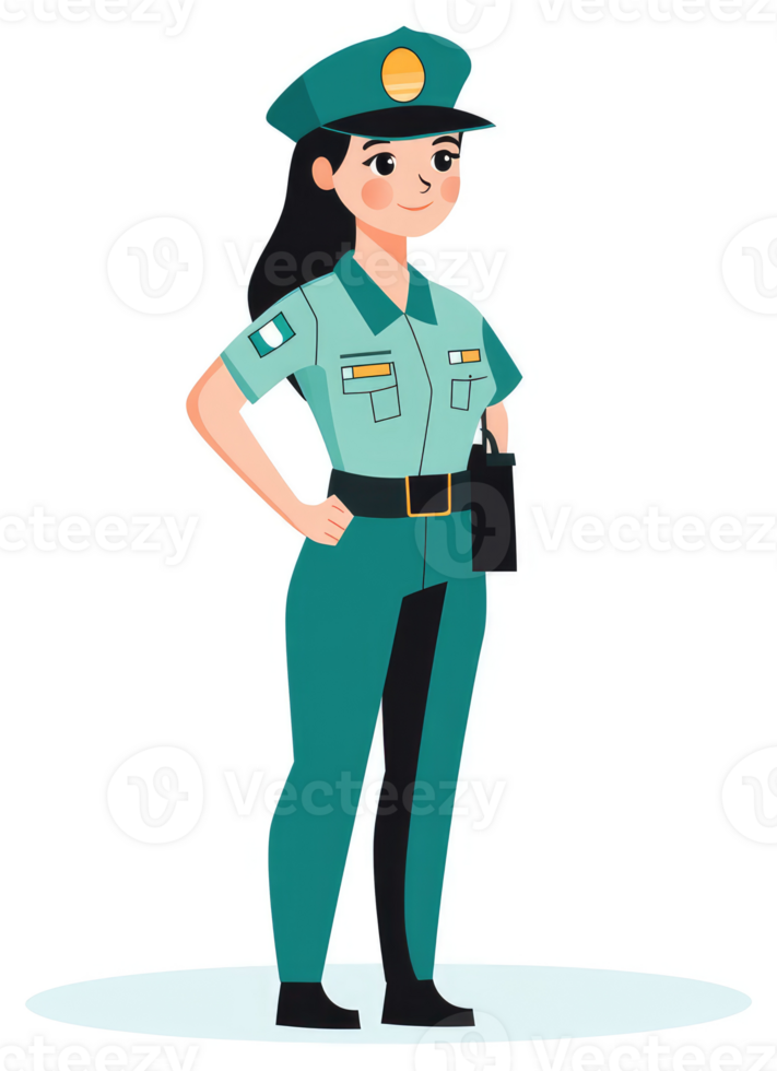 A female security officer in teal uniform, displaying a professional demeanor. png