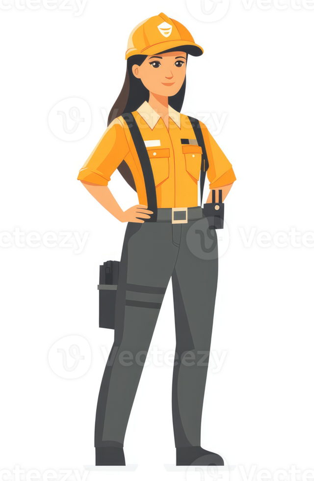 A female technician in bright yellow uniform and dark gray trousers. png