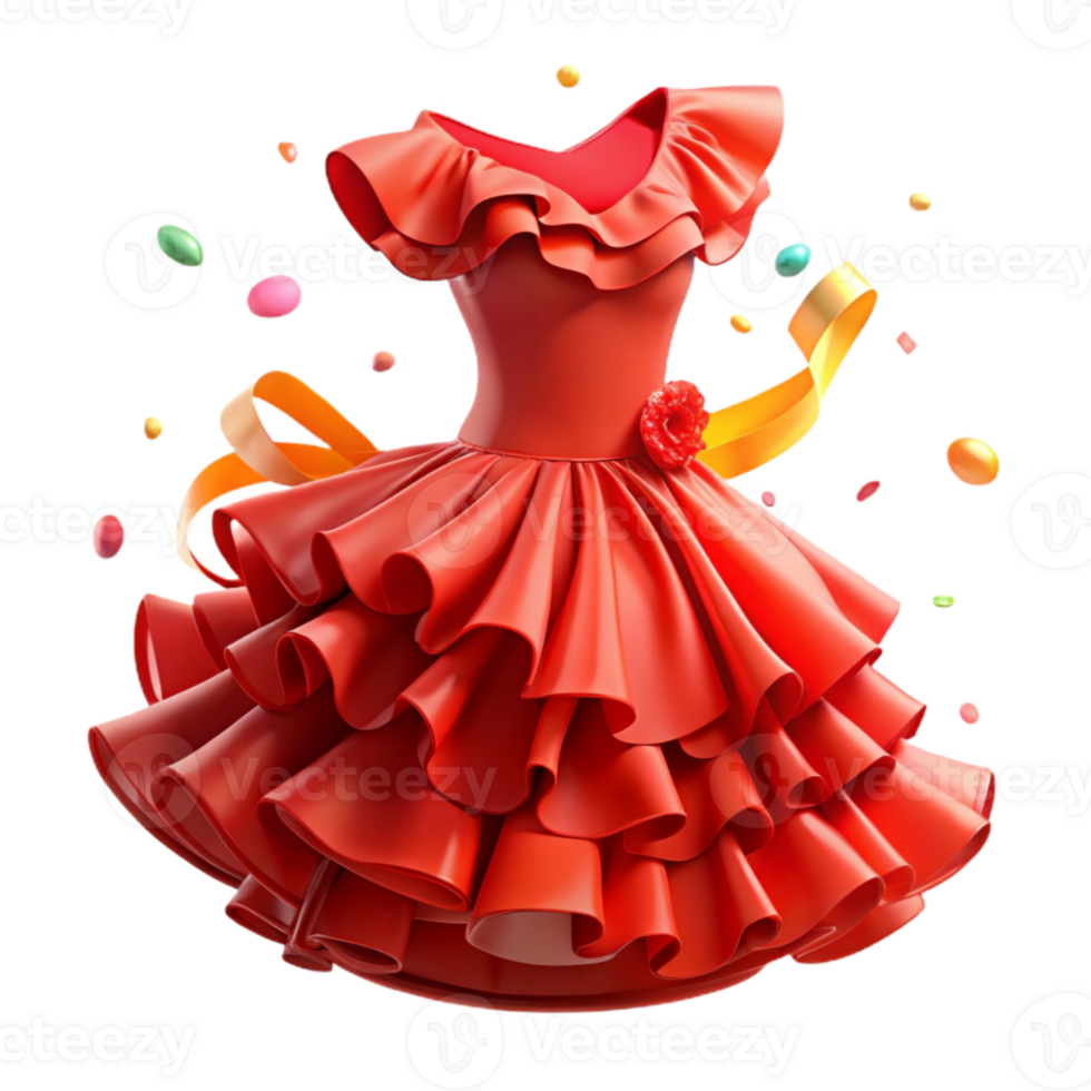 extraordinary traditional Flamenco Dress Ruffle Detail Transparent Background Vibrant Red high quality png
