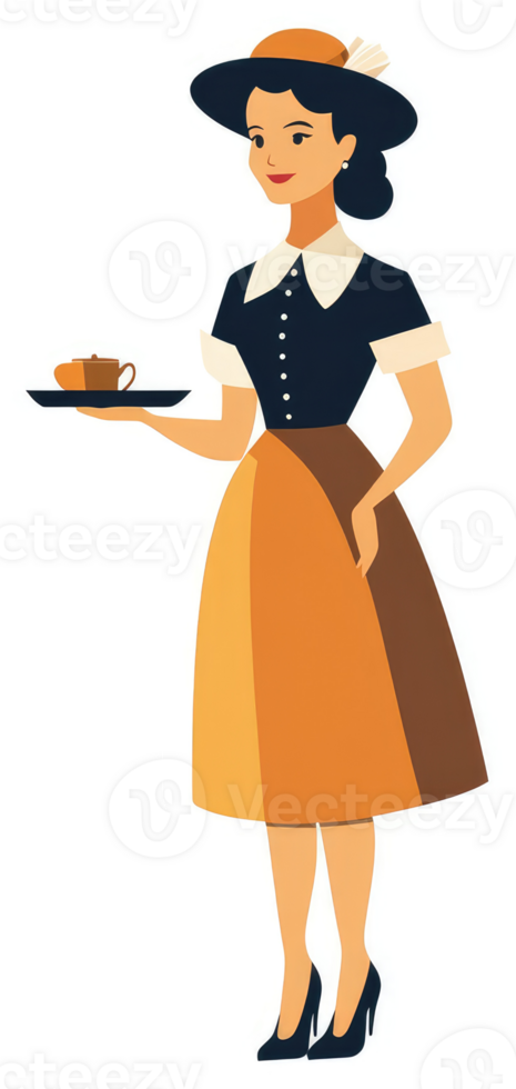 A vintage-style waitress serving a beverage on a tray. png