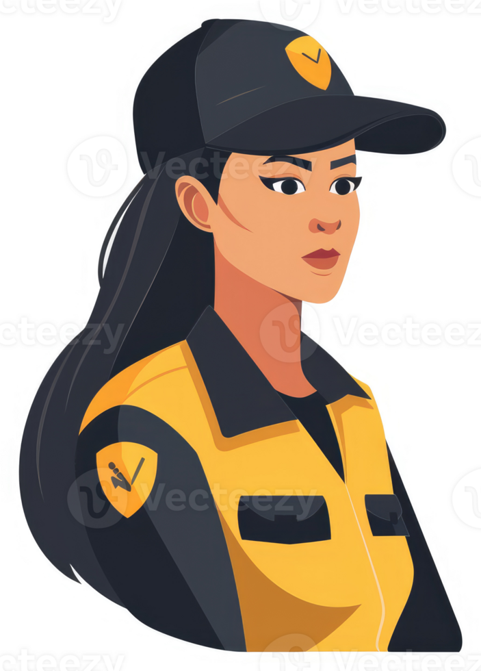 A female figure in a yellow and black protective uniform and a dark cap. png