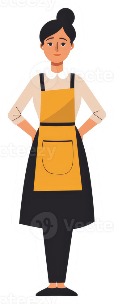 A smiling woman in a yellow apron stands confidently. png