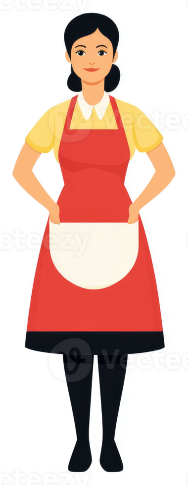 A smiling woman in a vibrant red apron. png