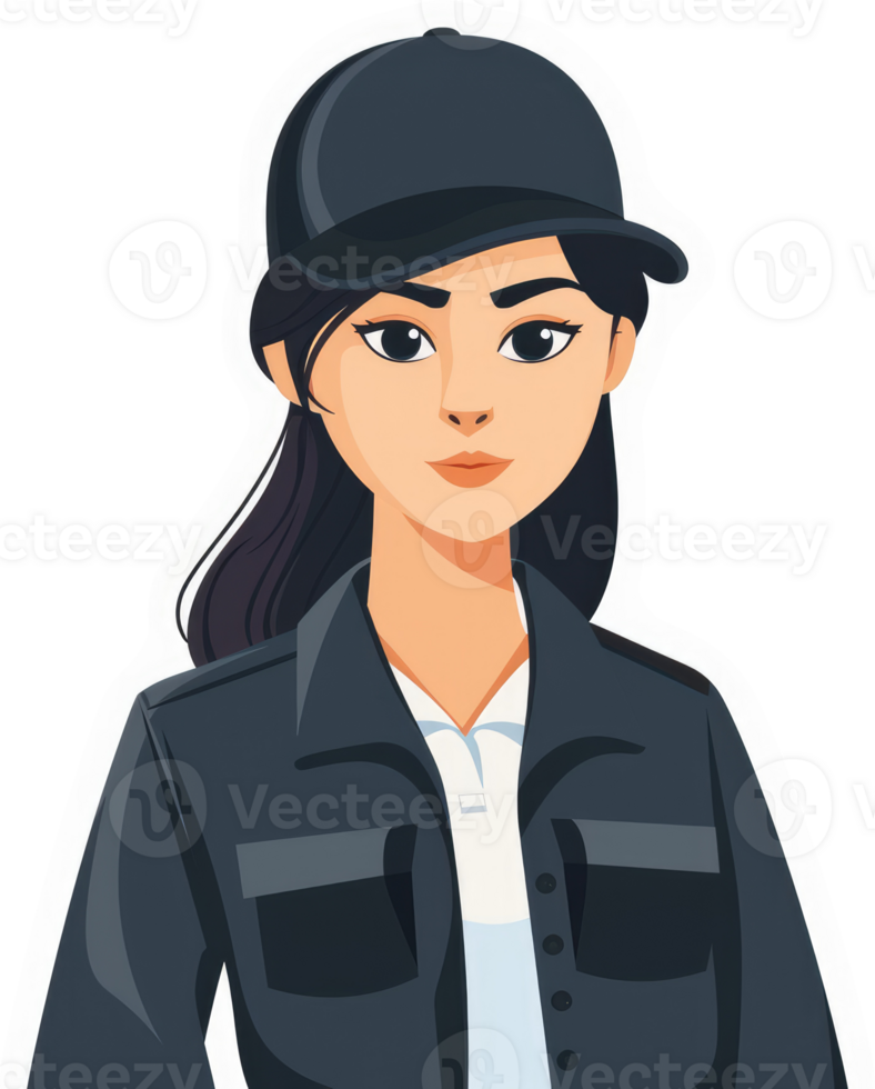 A confident female worker in a dark jacket and baseball cap. png