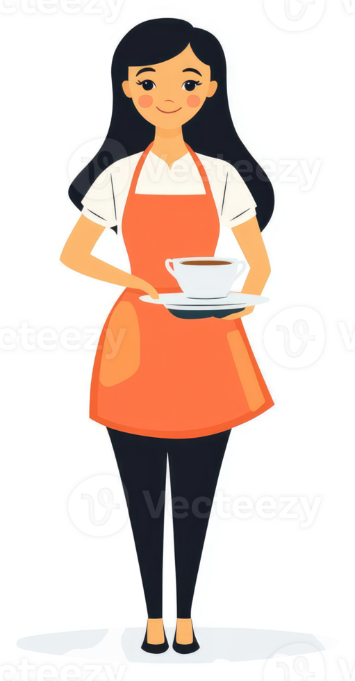 A friendly cafe worker holding a tray with a coffee cup. png
