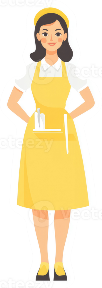 A cheerful cartoon woman in a yellow apron, ready to serve. png