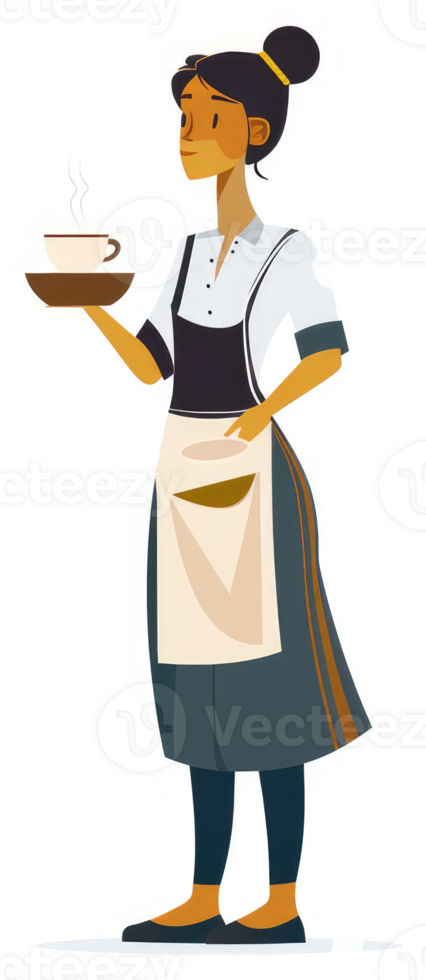 A woman in a uniform holding a tray with a steaming cup of coffee. png
