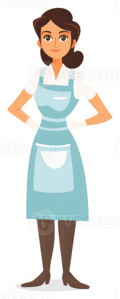 A friendly woman in a light teal apron stands confidently. png
