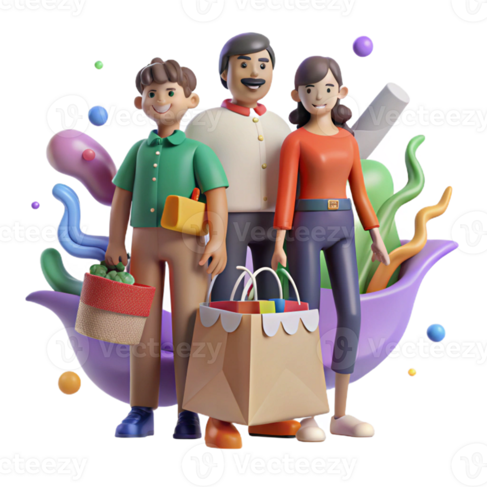 serene creative Family Using Reusable Bags Grocery Shopping Isolated authentic png