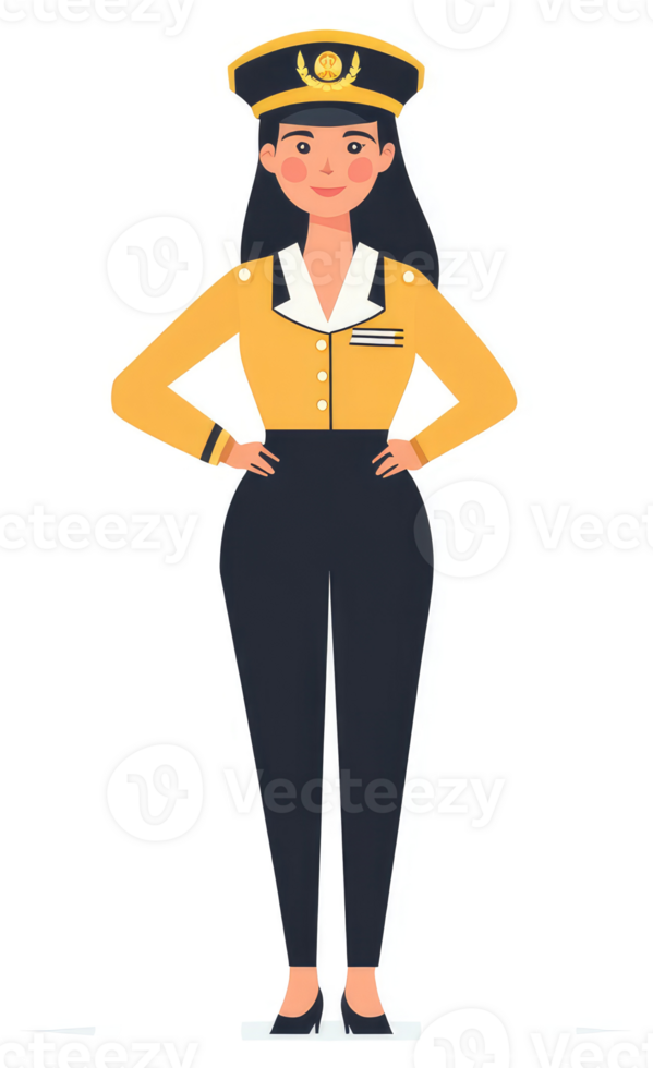 A woman in a yellow uniform with a navy captain's hat. png
