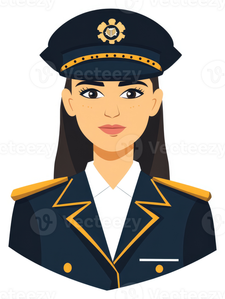 A female officer in a navy uniform with a gold insignia. png