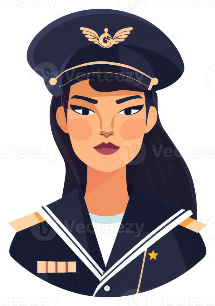 A determined asian woman in a navy uniform with aviator-style cap. png