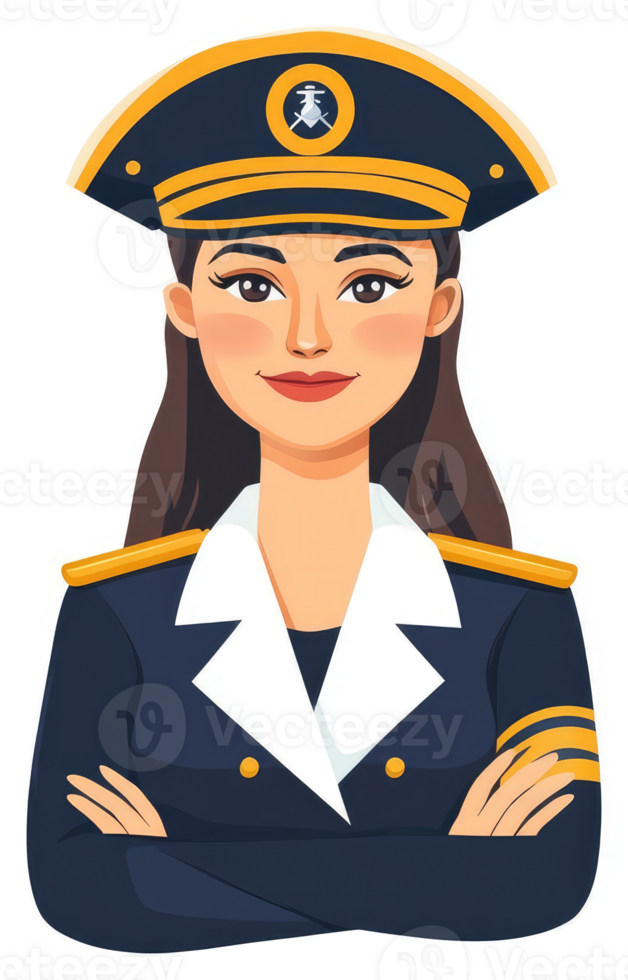 A confident female officer in navy uniform. png