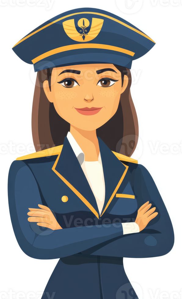A confident woman in a navy uniform with crossed arms. png