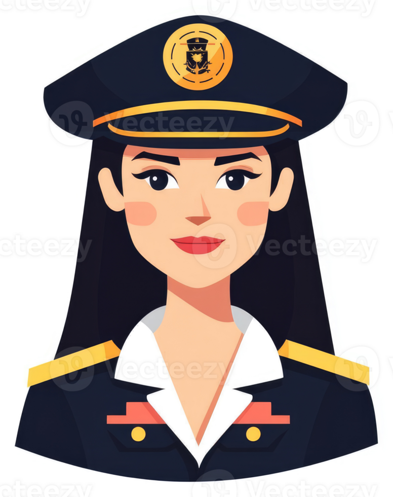 A female military officer in a navy uniform with a pilot's cap. png