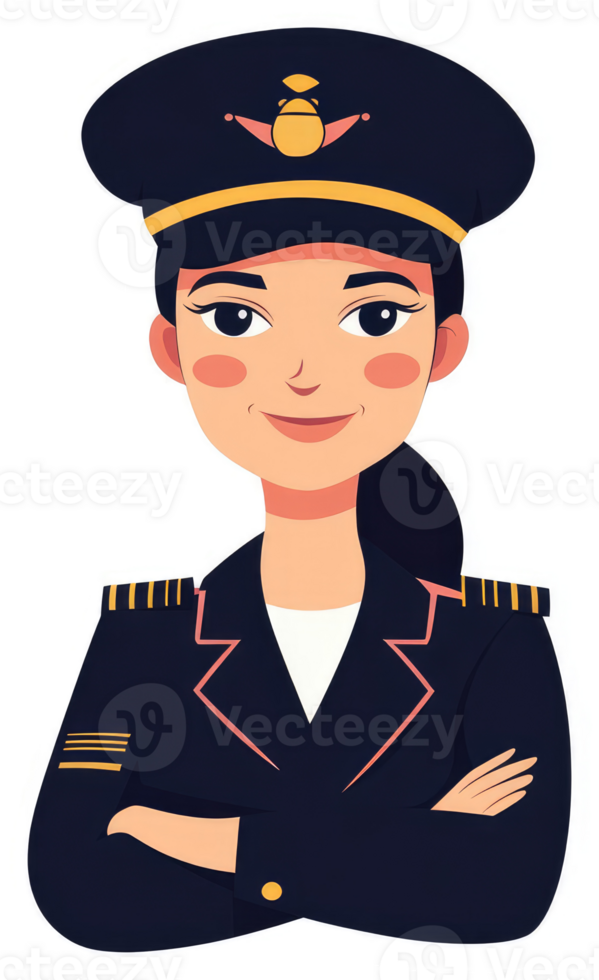 A female pilot in a navy uniform with arms crossed. png