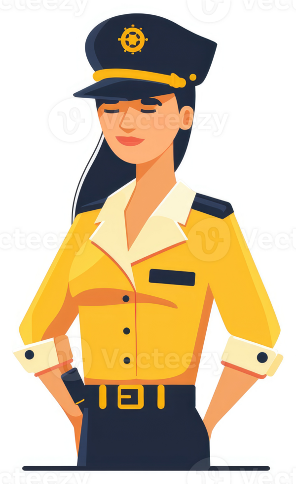 A confident female officer in a yellow uniform and navy cap. png