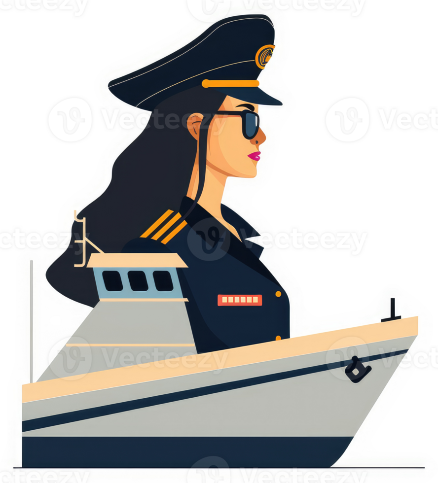 A female captain in navy uniform stands at the helm of a ship. png