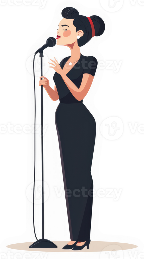 A woman in a black dress singing into a microphone. png