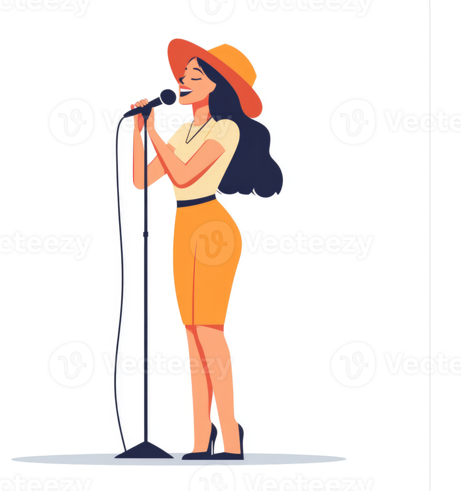 A woman in an orange outfit singing into a microphone. png