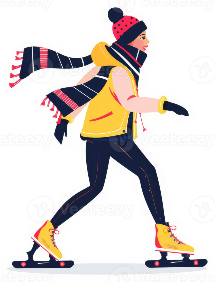 A woman ice skating outdoors in winter attire. png