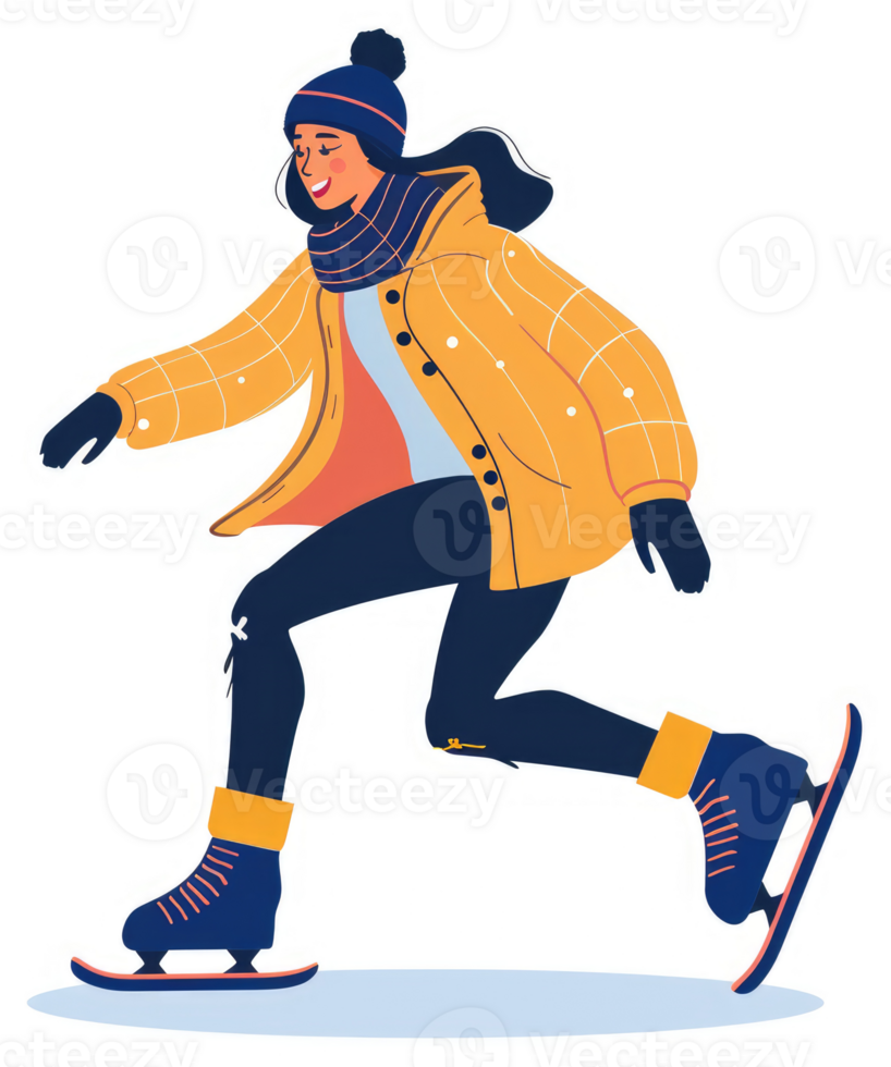 A joyful woman ice skating in winter attire. png
