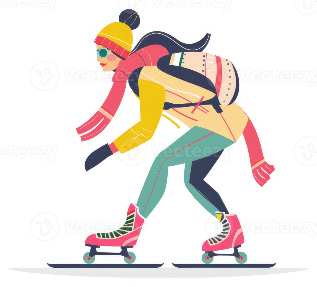 A woman in winter gear skates on ice. png