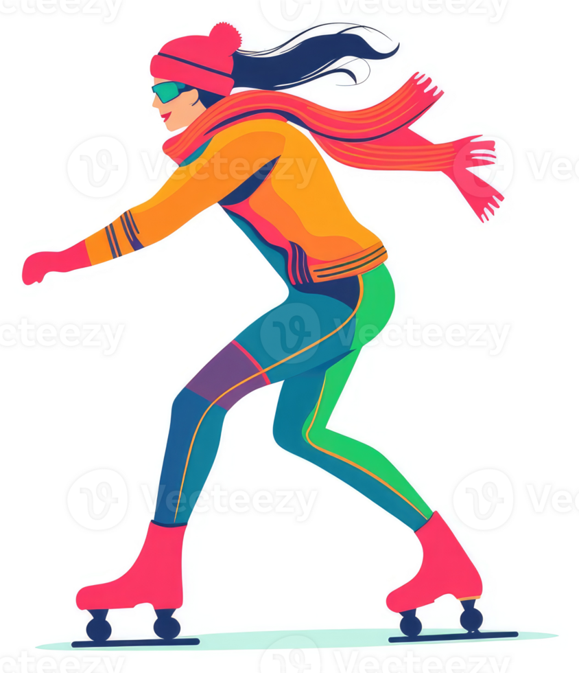 A vibrant illustration of a woman ice skating in winter attire. png