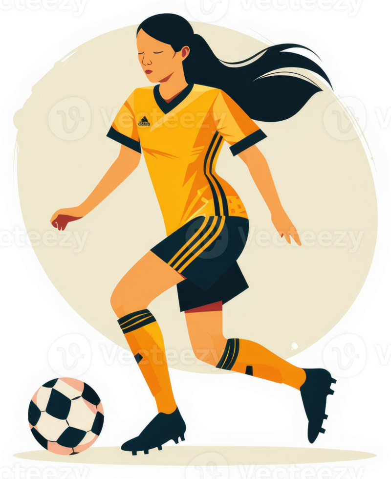 A female soccer player in motion with a ball. png