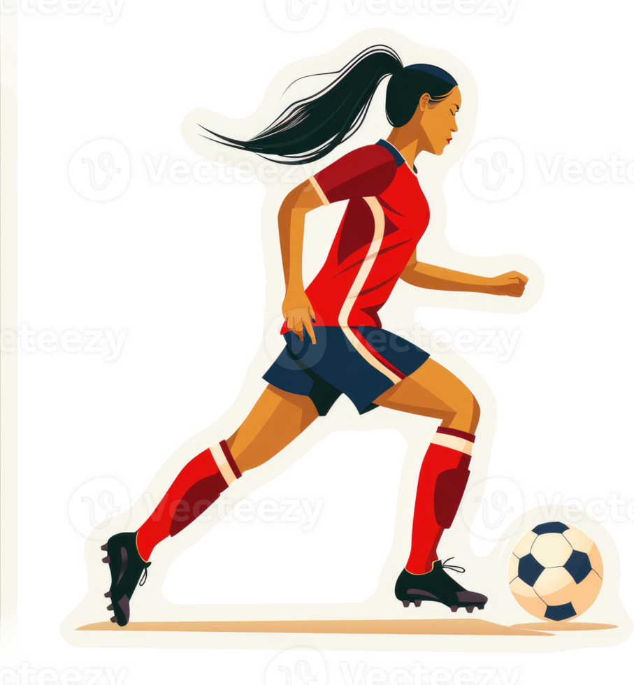 A dynamic female soccer player in motion, showcasing athleticism and skill. png