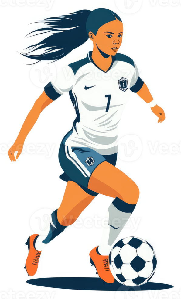 A female soccer player in dynamic motion with a soccer ball. png