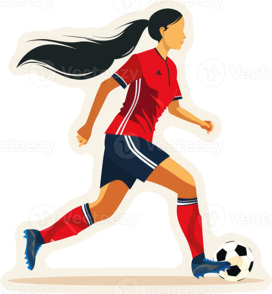 A female soccer player in action, dynamically moving forward. png