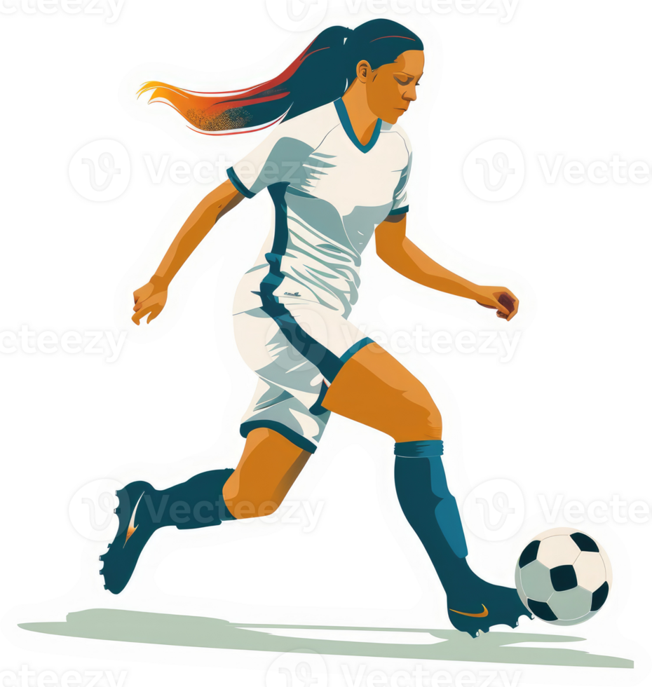 A female soccer player in action, showcasing athleticism and skill. png