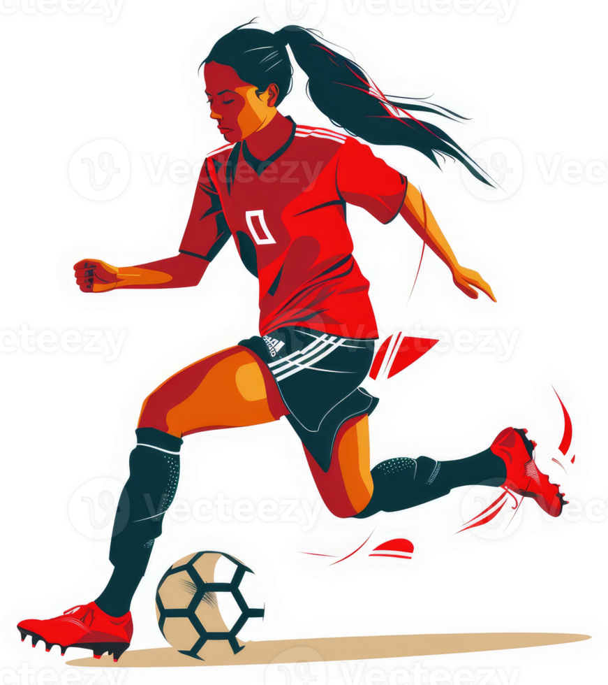 A female soccer player in dynamic motion, dribbling the ball. png