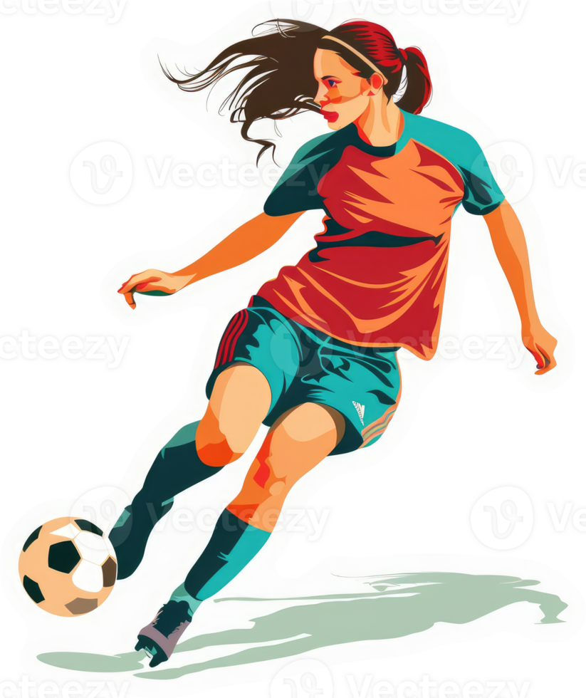 A dynamic female soccer player in action, dribbling the ball. png