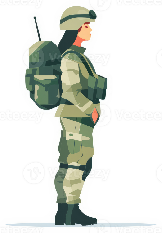 A female soldier in camouflage uniform, standing at attention. png