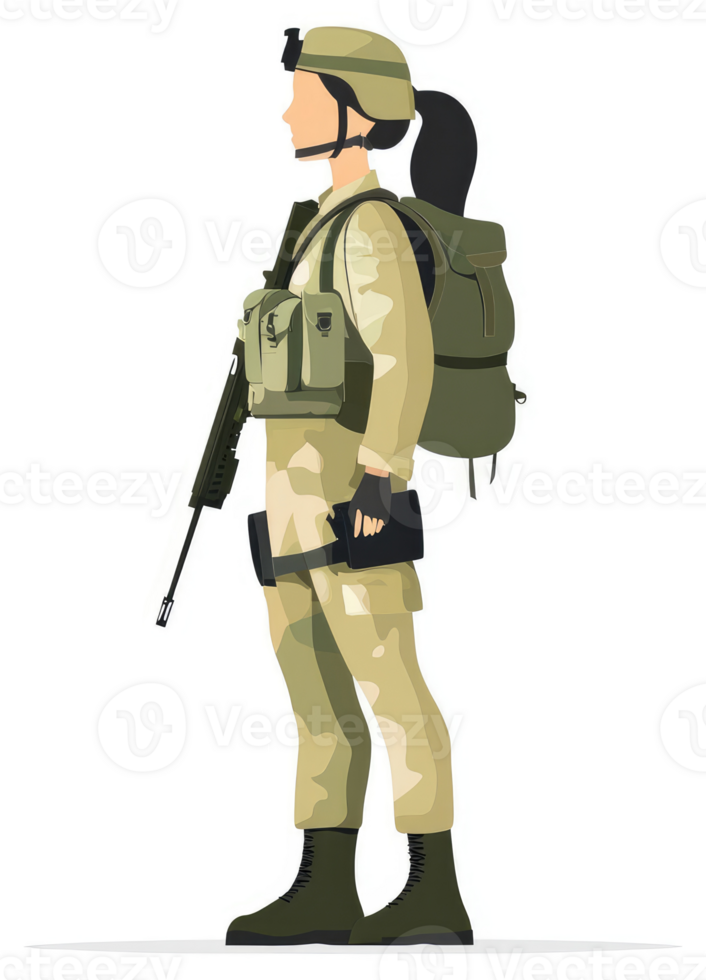 A female soldier in camouflage uniform carrying a rifle and backpack. png